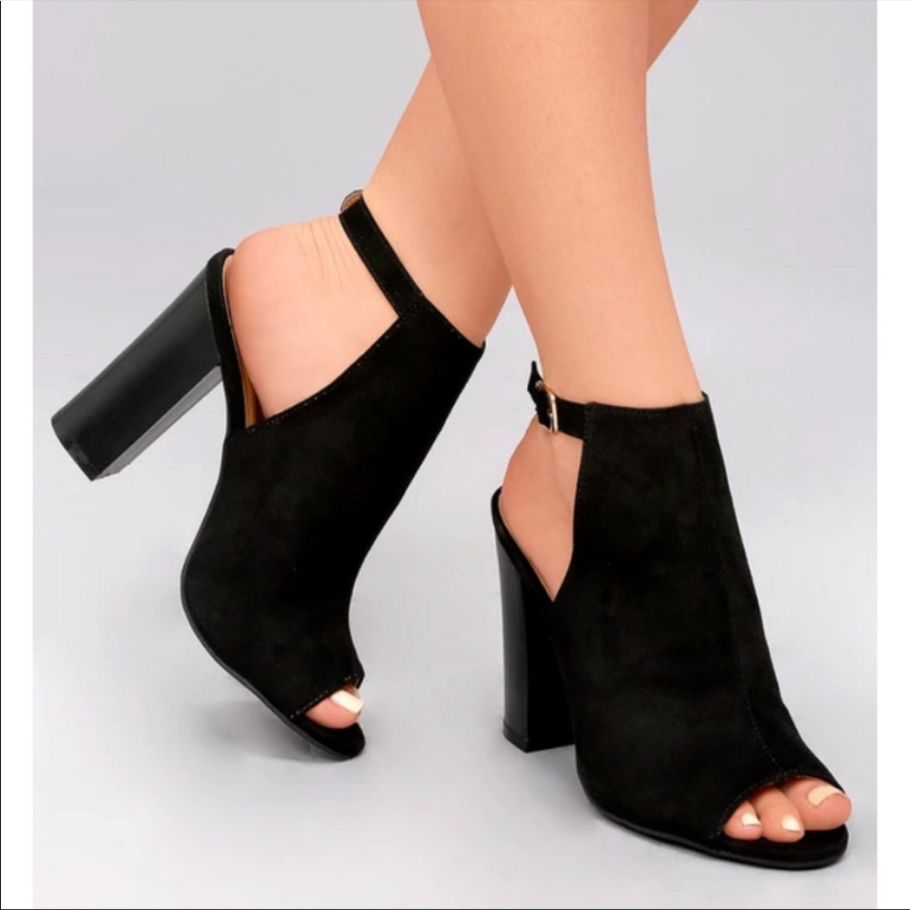 Lulu’s Budding Romance Black Suede Peep Toe Heels